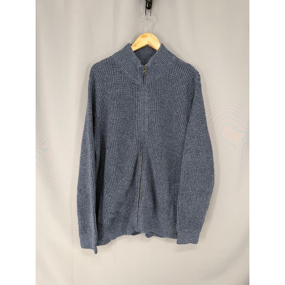 L.L. Bean Sweater Mens 2XL Blue Organic Cotton Full Zip Mock Neck Chunky Knit